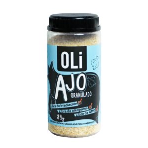 Frasco de ajo granulado OLI con etiqueta celeste de 85g