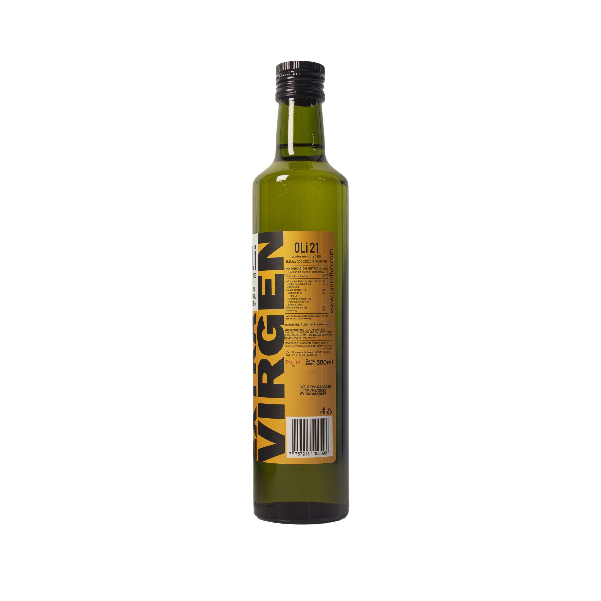 Etiqueta posterior del aceite de oliva extra virgen OLI 21 de 500 ml.