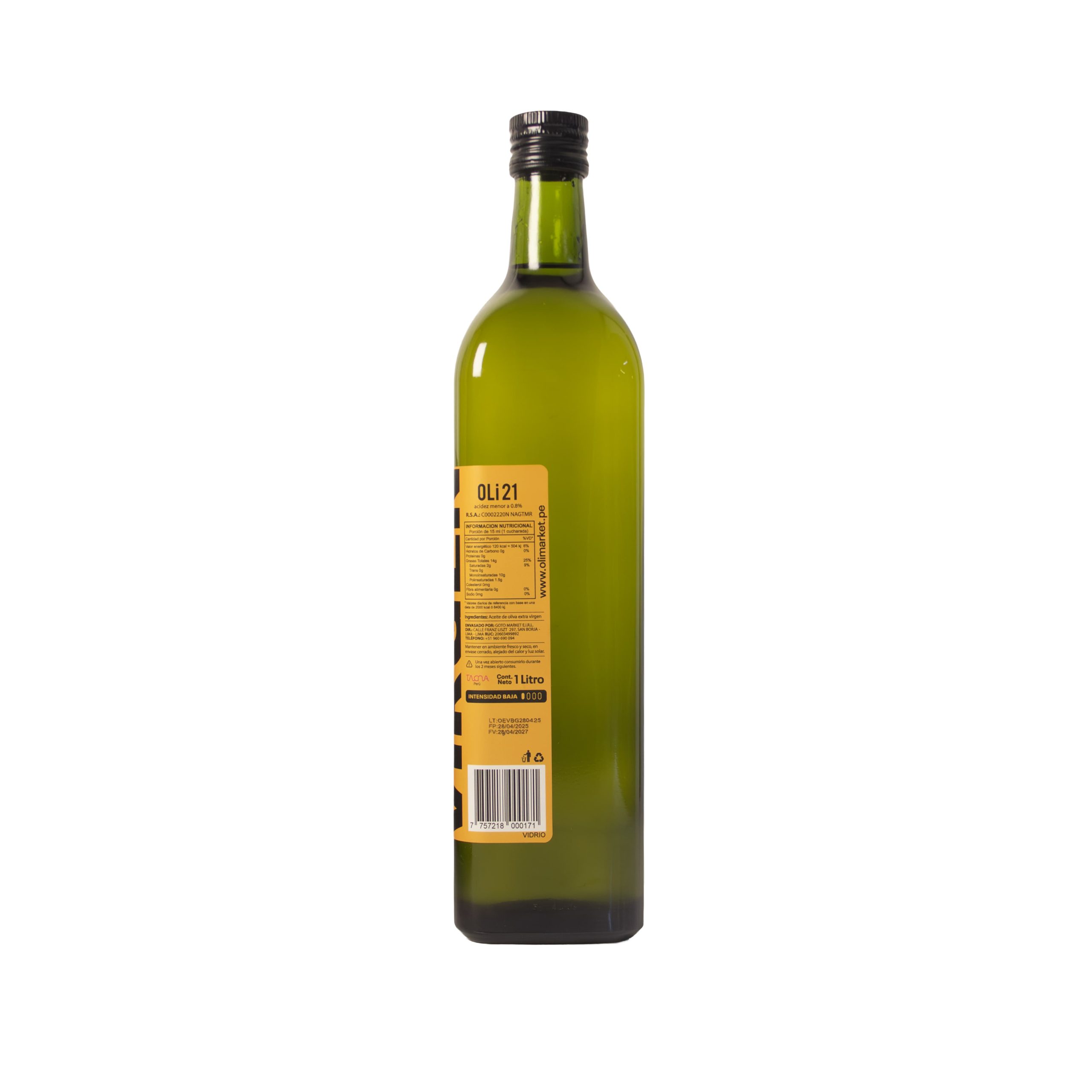 Etiqueta posterior del aceite de oliva extra virgen OLI 21 de 1 litro.