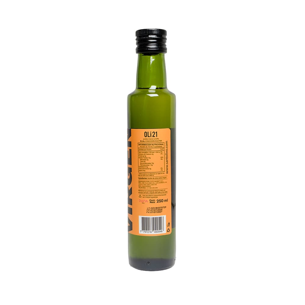 Etiqueta posterior del aceite de oliva extra virgen OLI con información nutricional