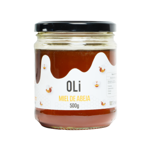 Miel de abeja natural OLI 500 g en envase de vidrio vista frontal