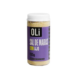 Frasco OLi Sal de Maras con Ajo 135g – presentación frontal sobre fondo blanco OLi
