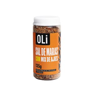 Frasco OLi Sal de Maras con Mix de Ajíes 135g – presentación frontal sobre fondo blanco.