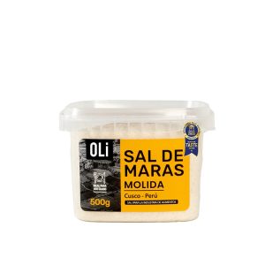 Frasco tipo taper de 500g de Sal de Maras Molida marca OLi – vista frontal