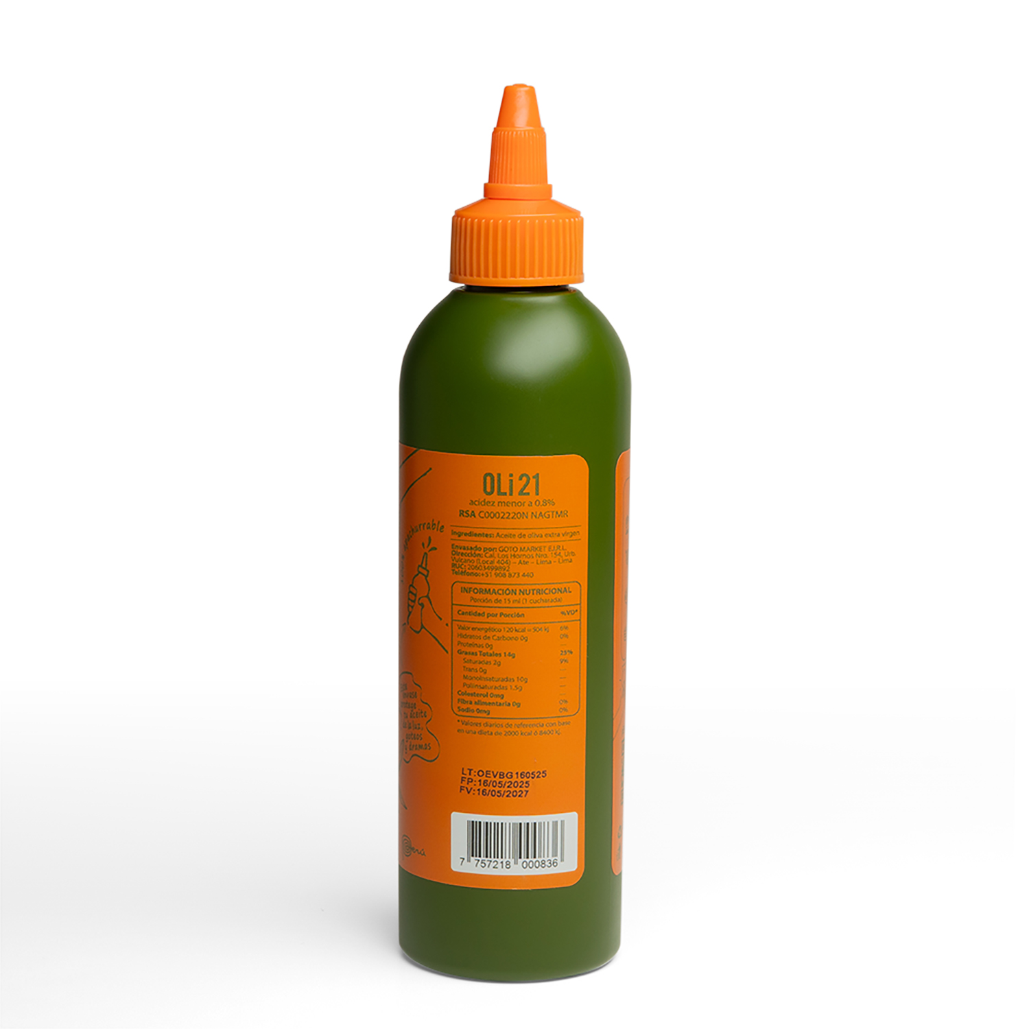 Etiqueta posterior del aceite de oliva extra virgen OLI 21 en botella apachurrable de 250 ml