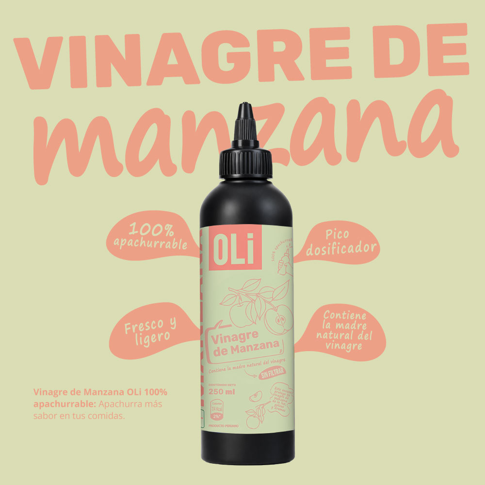 Vinagre de manzana OLi en botella apachurrable con pico dosificador y madre natural del vinagre.