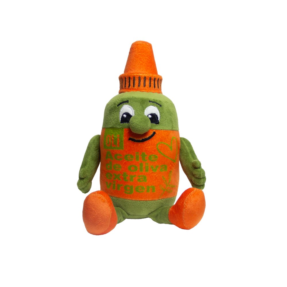 Peluche apachurrable de botella de aceite de oliva extra virgen Oli sentado